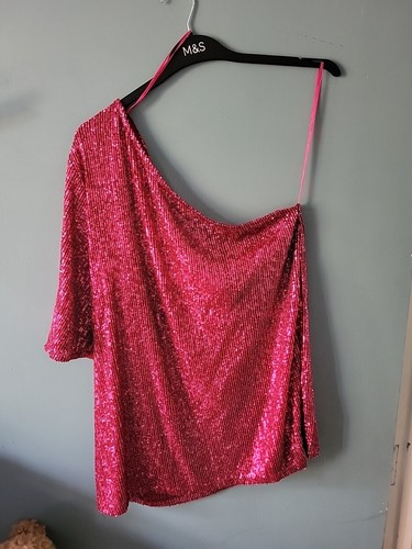 Brandneu mit Etikett Next Größe 18 rosa Pailletten One-Shoulder-Kurzarm-Blusentop (823/43)/