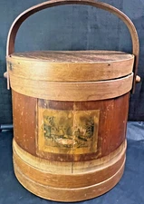 Antique Large Wooden Staved Sugar Bucket Firkin Currier Ives Paper Label 10"D