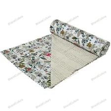 Flower Pattern Kantha Embroidery Queen Blanket Throw Boho Hippie Bedspread