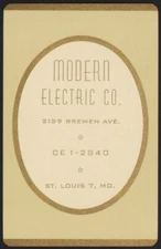 Vintage single playing card MODERN ELECTRIC CO cream background St Louis MO