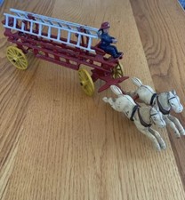 Vintage Cast Iron 2 Horse Drawn Fire Engine Ladder Wagon 15 Long w/ Driver