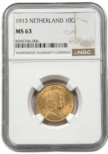 1913 Netherlands 10 Gulden Gold 0.1945 oz Coin Wilhelmina NGC MS 63