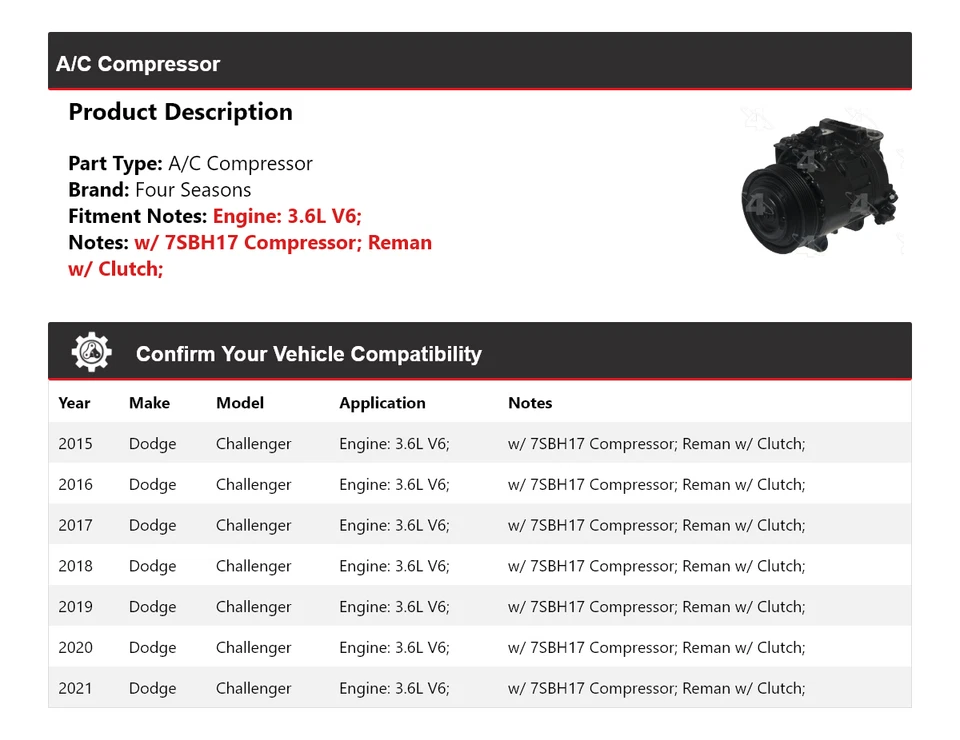 Para Dodge Challenger 2015-2021 3,6 L V6 compresor de aire acondicionado 4 estaciones 2016 2017 2018 Foto 2 de 4