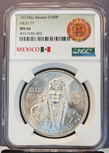 1977 MEXICO SILVER 100 PESOS S100P HIGH 77 JOSE MORELOS NGC MS 66 SCARCE GEM BU
