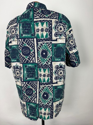 Vintage 90s IMPACT Shirt Men XL Tight Crazy Geometric Tribal Hawaiian Blue Green - Picture 7 of 14