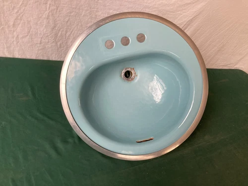 Vtg Mid Century 18" Cast Iron Regency Blue Round Drop in Bath Sink 36-25E