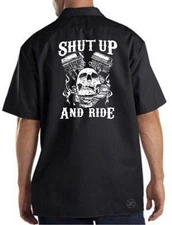 SHUT UP & RIDE Mechanics Work Shirt ~ Biker Skull Motorcycle Engine