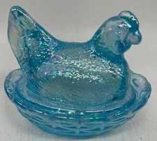 3" Covered Hen - Buffet Blue Carnival - Mosser Glass, USA
