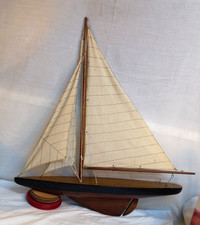 Vintage Model Sailing Ship Wooden 60 x 75cm 3 Cotton Sails Rigging No Stand GC
