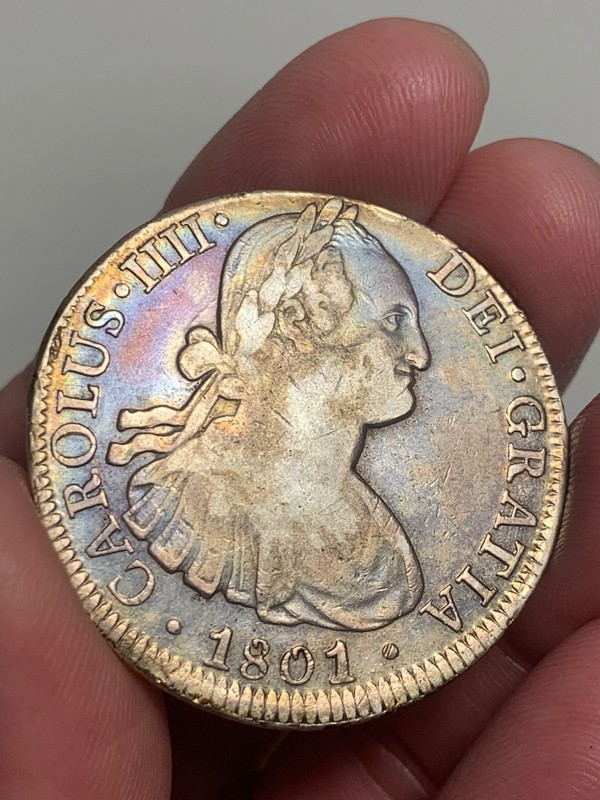 1801 Mo FM Mexico Charles IV Silver 8 Reales, Colorful Rainbow Toning