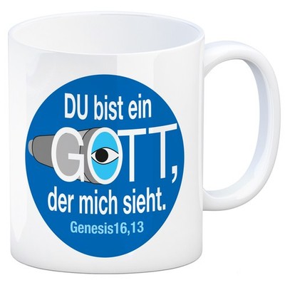 Du bist ein Gott, der mich sieht. Kaffeebecher mit Bibel Zitat in blau
