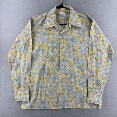 Vintage 70s Arrow Shirt Mens XL Blue Disco Dagger Collar Geometric Print Poly