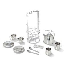 10 Piece Stainless Steel Tea Set for Kids Storage Rack Pretend Play Toy