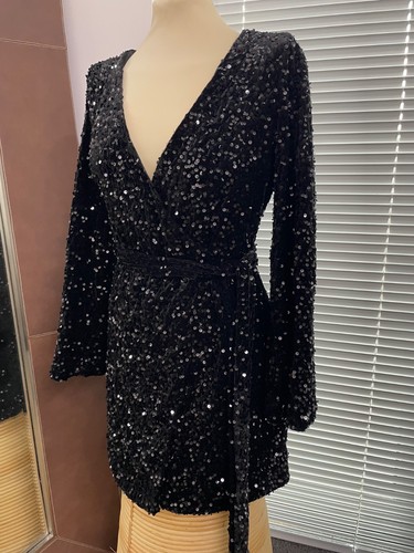 Boohoo - Black Sequin MINI WRAP DRESS | New With Tags | UK 10