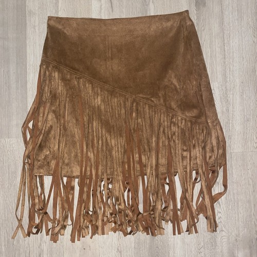 Maurices Skirt Large Brown Fringe Faux Suede Cowgirl Western Festival Boho Chic - 第 1/12 張圖片
