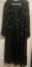 Very Judi Love Star Dress Size 28 Black &Gold Foil Midi Length V Neck Worn Twice