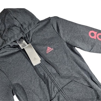 Adidas Womens Essentials Linear Full Zip Hoodie Dark Grey Pink H07750 XS NWT
