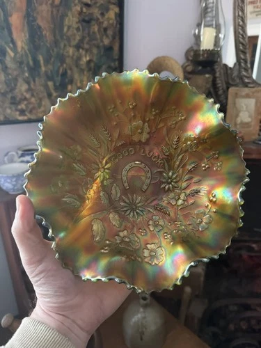 Vintage Northwood Carnival Glass TEAL Good Luck 9" Ruffled Bowl - Ribbed Back