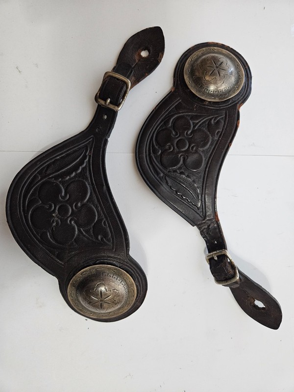 Vintage tooled  Spur Straps with 2 in Sterling Domed conchos