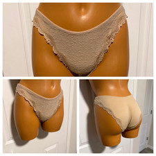 VINTAGE 2004 VICTORIA'S SECRET BEIGE W/ LACE TRIM HI-CUT BIKINI PANTIES SZ S