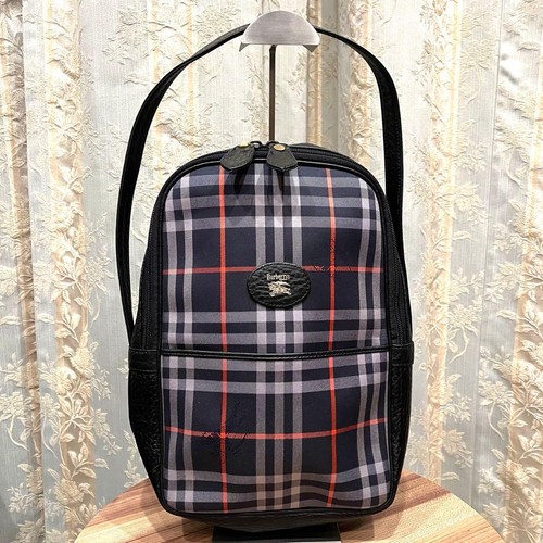 BURBERRY Navy Leather Canvas Nova Check Tote Bag Horse Logo Gold Hardware Rare