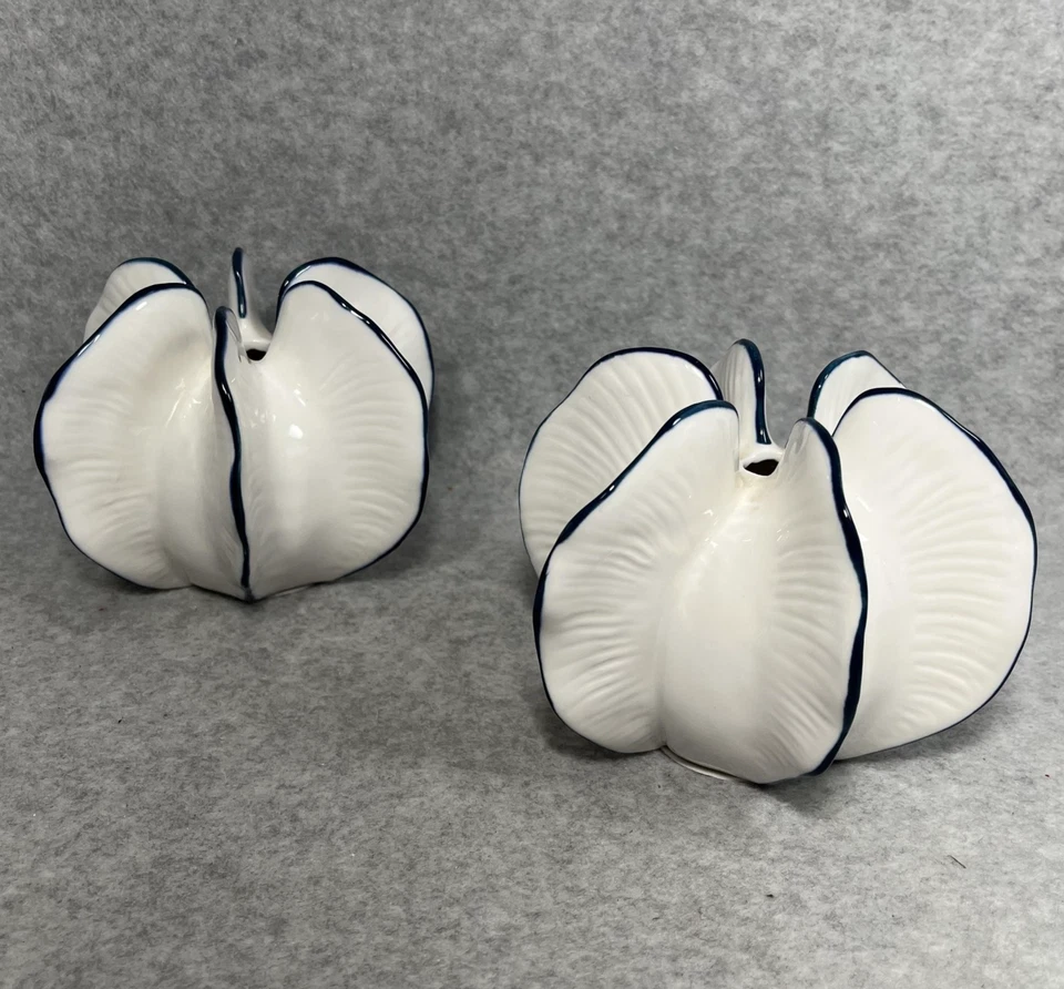 Carambola Shape Star Fruit Bud Vases White Blue Rim Edge Set of 2 Coastal 4 inch - Image 2 of 4