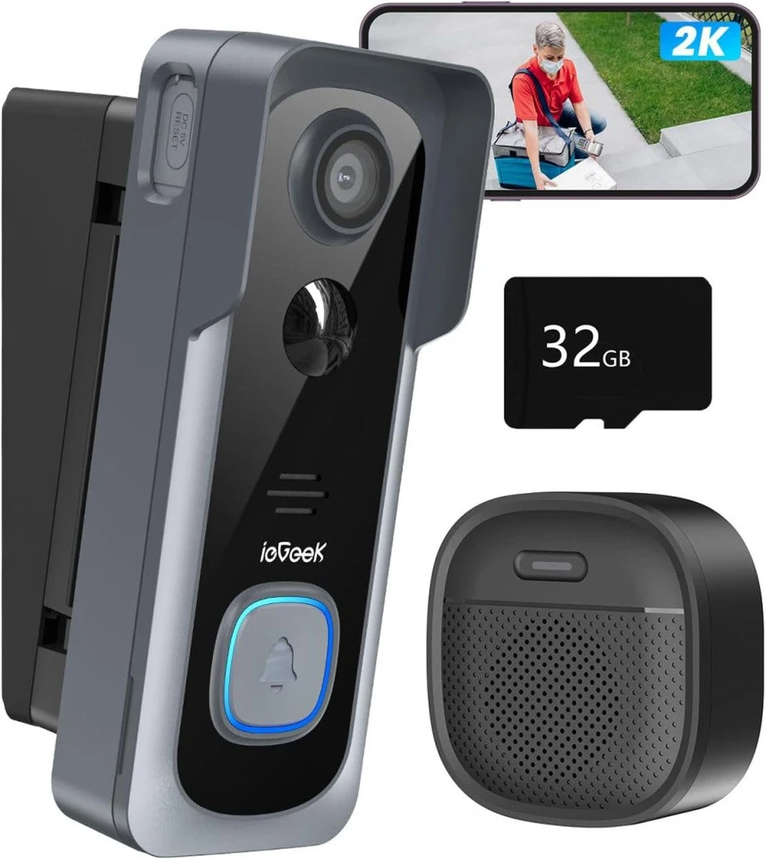 ieGeek 2K WLAN Video Türklingel mit Kamera Kabellose Smarte Akku Nachtsicht IP65