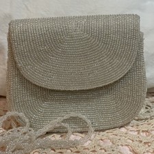 La Regale Vintage White Seed Pearl Beaded Evening Bag Beaded Strap, CROSSBODY