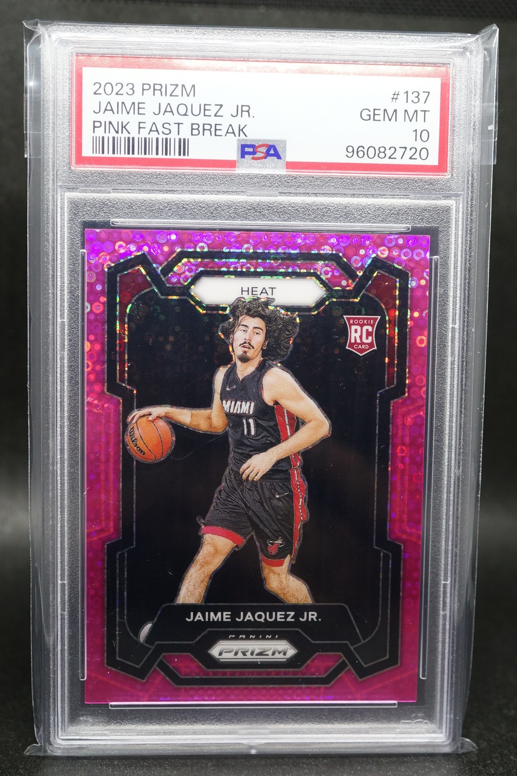 2023-24 Prizm Jaime Jaquez Jr Fast Break Pink Prizm 43/50 Miami Heat #137 PSA 10