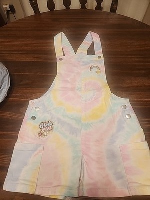 Girls 365 Kids SZ 8 tie dye pastel print Short Overalls w/ Top GIRLS CAN RAINBOW