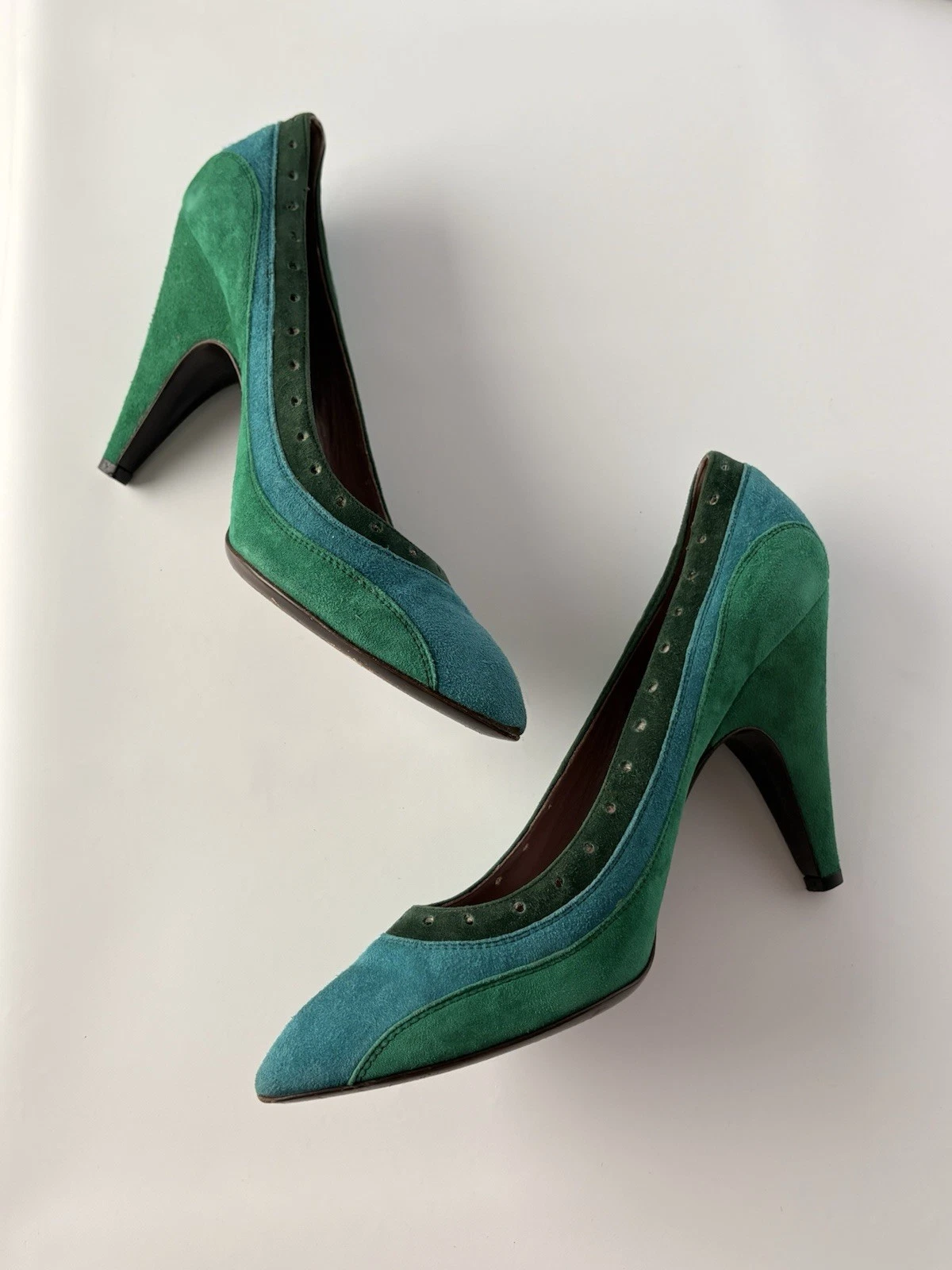 MIU MIU RUNWAY FW 2005 DÉCOLLETÉ SCAMOSCIATE TACCO TURCHESE BLU VERDE US 9 EU 40