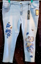 Embroidered Artsy Design Jeans 28W Chambray Blue DG2 Stretch Christmas Gift New