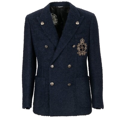 DOLCE & GABBANA NAPOLI DG Logo Perlen Krone Alpaka Blazer Jacke Sakko Blau