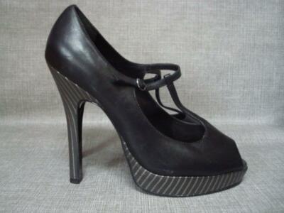 FAITH UK BLACK LEATHER PEEP TOE T-BAR PINSTRIPE HEEL