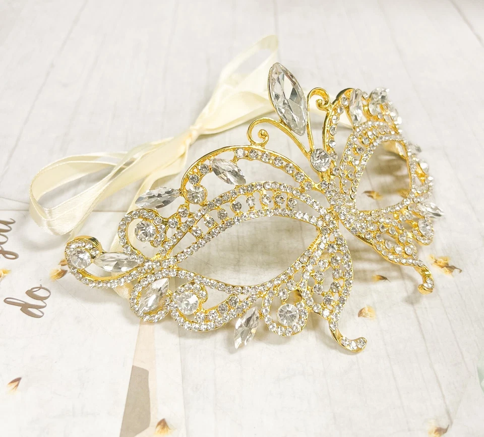 14K Gold Masquerade Mask, Wedding Mask, Butterfly Crystal Mask, Mardi Gras Mask - Image 2 of 4
