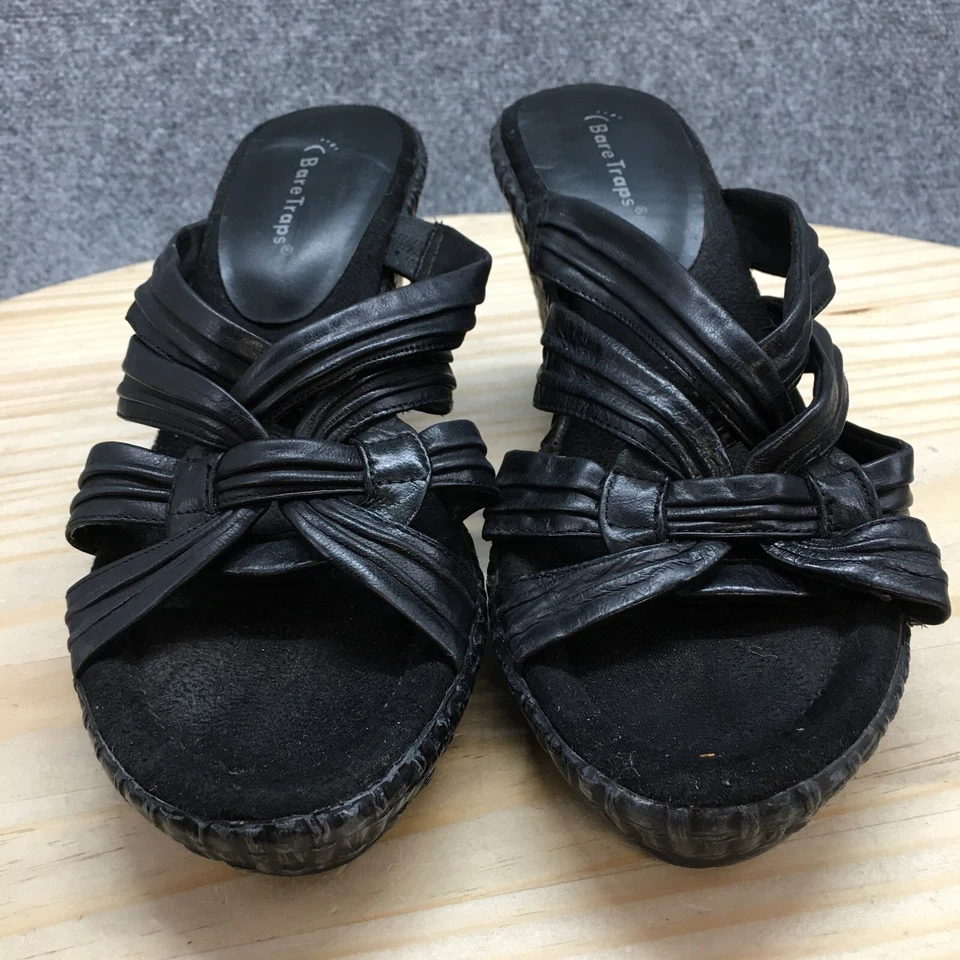 Sandalias Baretraps para mujer 8,5 M Shelee cuña tiras deslizables cuero negro abierto Foto 4 de 4