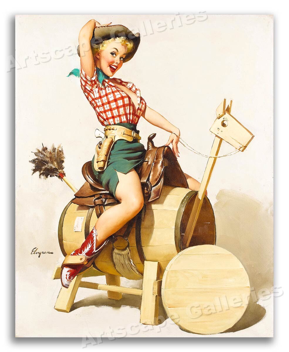 1950s Gil Elvgren Cowgirl Western PinUp Girl Horse Poster 