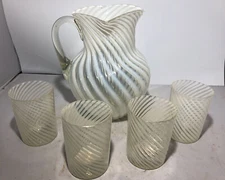 Antique Northwood Ribbed Opalescent Glass Lemonade Pitcher Set