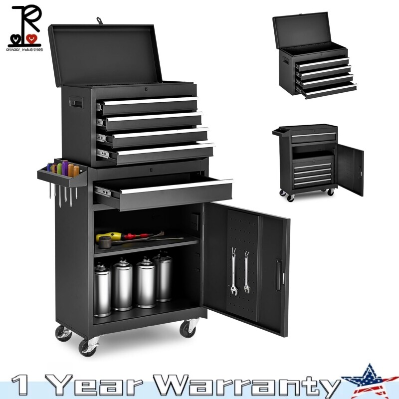 5-Drawer Rolling Tool Box Cart Detachable Tool Chest w/ 1 Adjustable Shelf Black