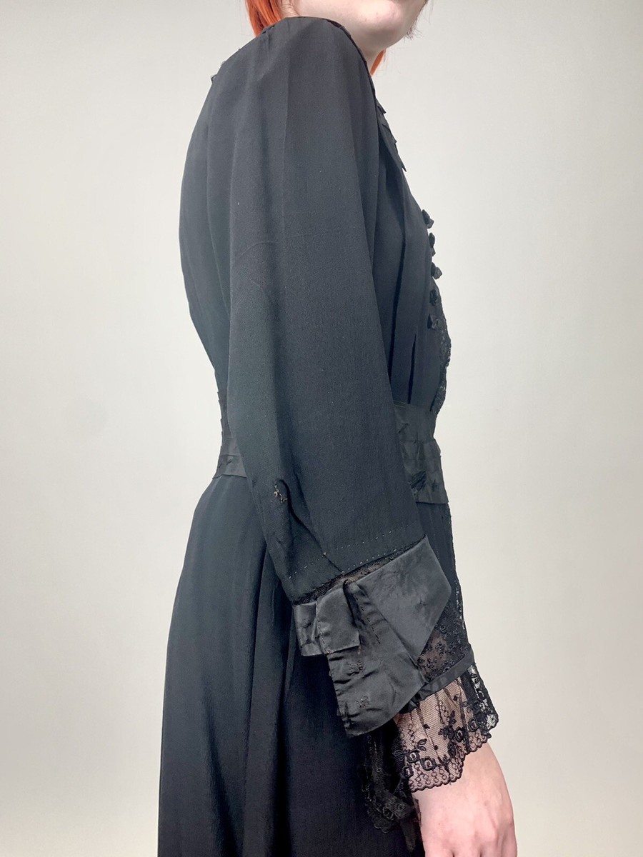Antique Victorian Edwardian 1900s Black Silk Tea Dress Embroidered