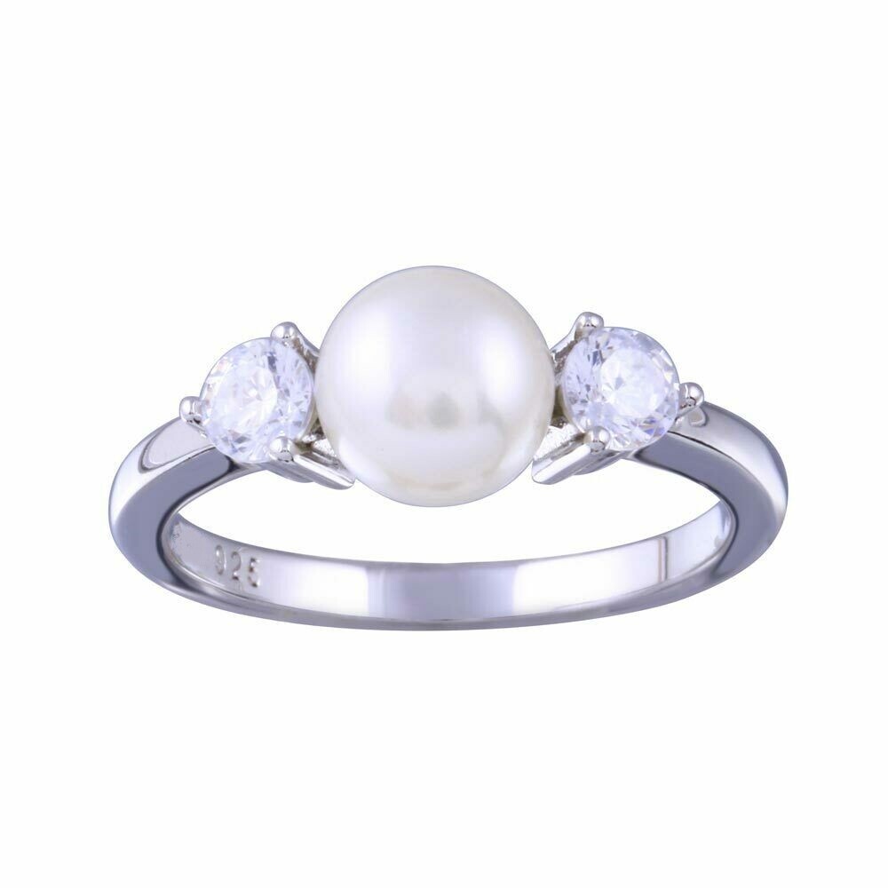 Sterling Silver Ring w/ 6 mm Pearl & Cubic Zirconia Stones