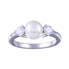 Sterling Silver Ring w/ 6 mm Pearl Cubic Zirconia Stones