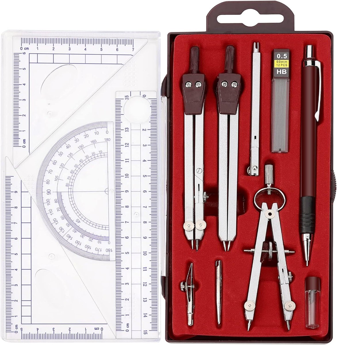 School Math Supplies Set 8-Piece Geometry Set With Metal Case - Compass ...