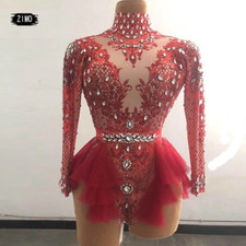 Rhinestone Ruffle Bodysuit Nightclub Prom Bar Concert Costume Show Dance Leotard