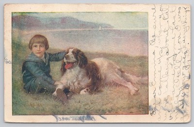 GOOD CHUMS Boy & Dog Postcard 1909 Newark Valley NY Sailor Suit Lake