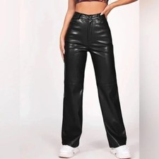 B1 NWOT Shein Black Faux Leather Petite Trendy Straight Leg Pants Small