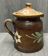 Vintage Stoneware Pot Crock Pitcher Lid Hand Painted Floral Jug Country Kitchen