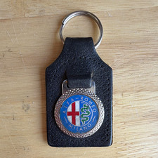 Vintage Alfa Romeo Milano Black Leather Key Fob Keychain with Metal Ring
