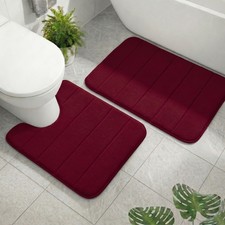 2 PCS Memory Foam Bath Mat Set 24x16 20x20 UShaped Rug NonSlip Burgundy