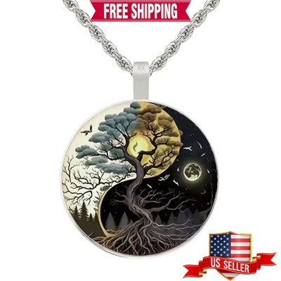 Intricate Yin Yang Tree of Life Boho Pendant, Stainless Steel Rope Chain, 20''